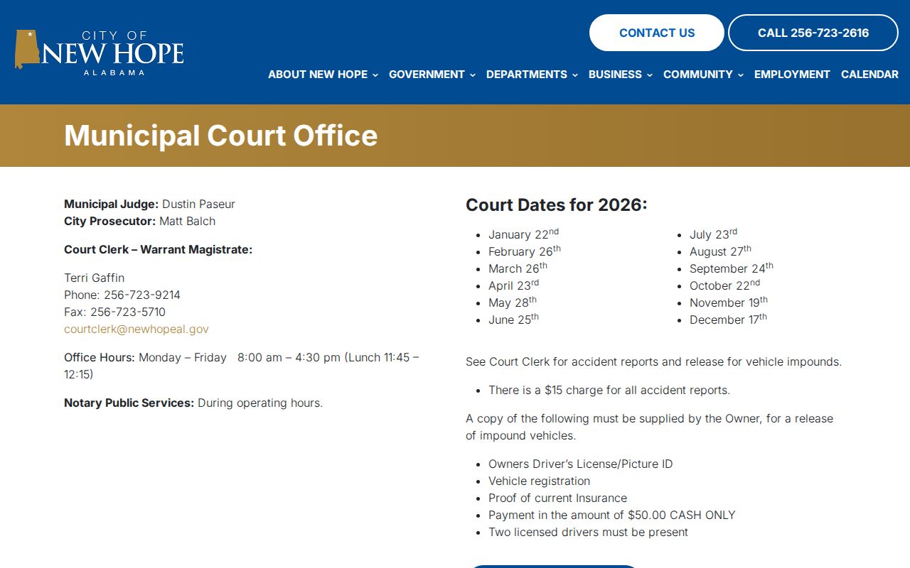 New Hope Municipal Court clerk-warrant magistrate contact and office hours