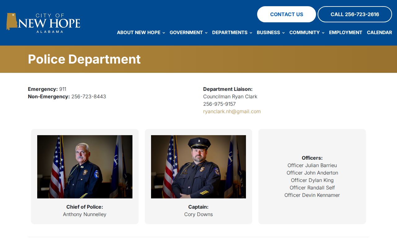 New Hope Police Department building and emergency and non-emergency contacts