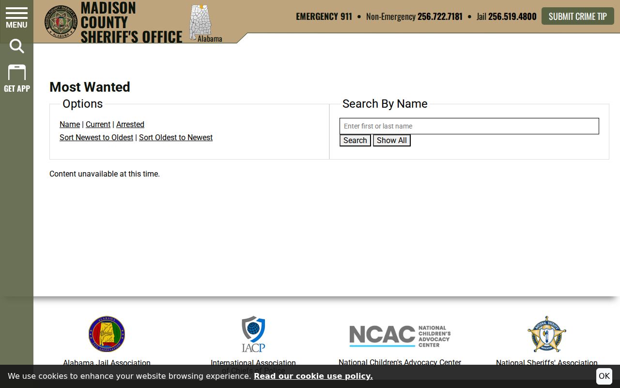 Madison County warrant records Most Wanted interface controls